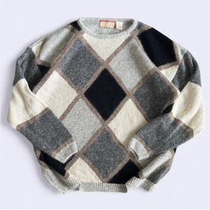 Cristina Vintage Silk Blend Sweater Cream Gray Black Brown Trim L